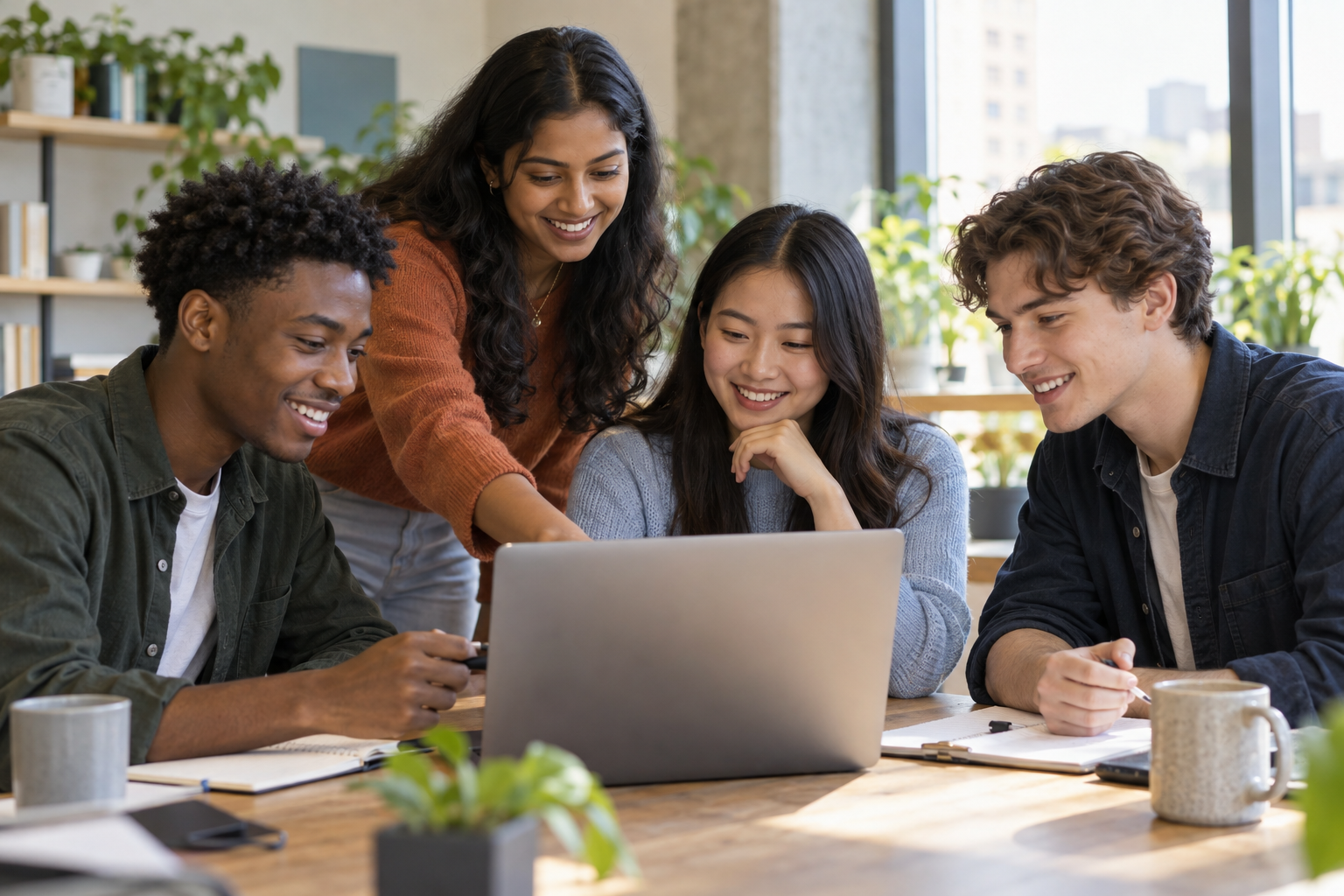 Four young people from different ethnic backgrounds collaborating around a laptop